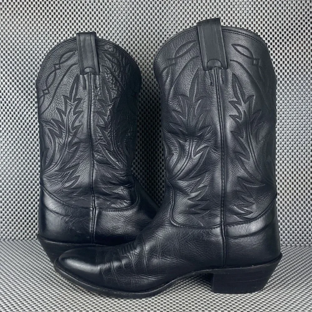 Nocona Cowboy Boots Mens 9 2E Black Leather Western Embroidered Made in USA